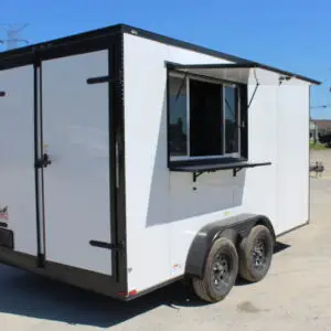 White enclosed concession trailer with serving window open