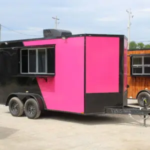Bright pink and black food trailer with window