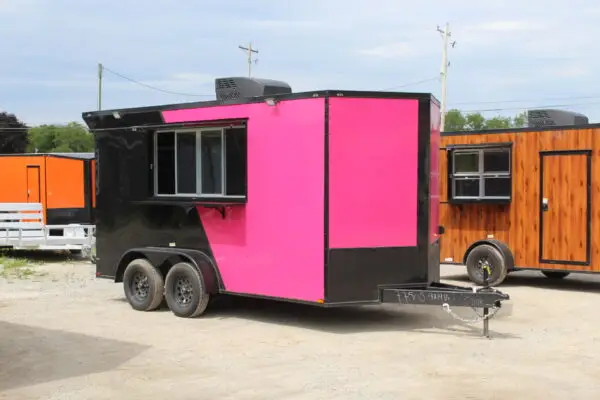 Bright pink and black food trailer with window