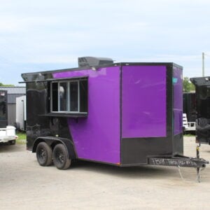 Purple and black concession trailer with serving window