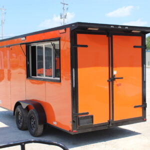 Bright orange enclosed cargo trailer with serving window