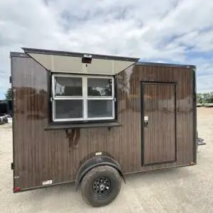 Wood-grain concession trailer with open serving window