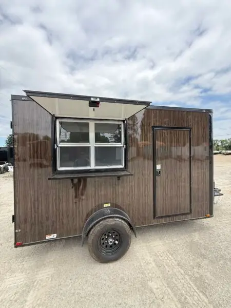 Wood-grain concession trailer with open serving window