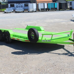 Bright green dual-axle flatbed utility trailer