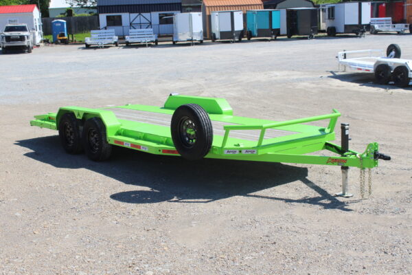 Bright green dual-axle flatbed utility trailer
