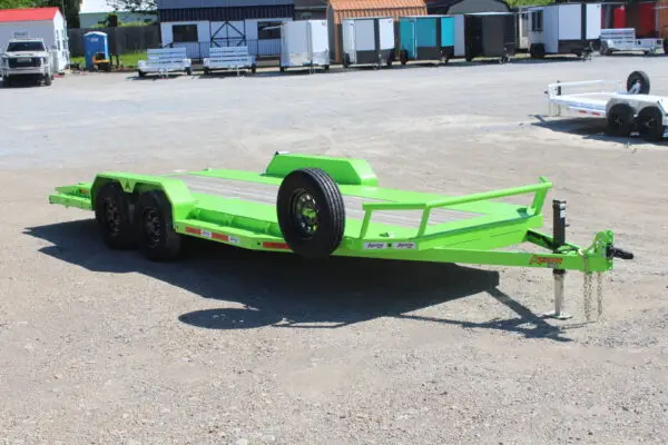 Bright green dual-axle flatbed utility trailer