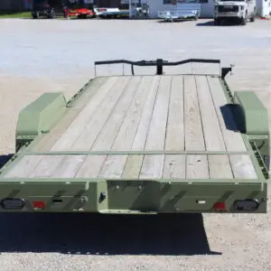 Green flatbed utility trailer with wooden deck