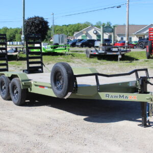 Green dual-axle equipment trailer on gravel lot