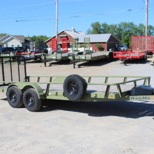 Green RawMaxx utility trailer on dealership lot