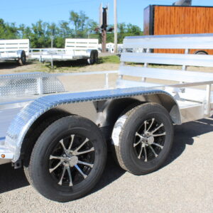 Aluminum dual-axle utility trailer with black wheels