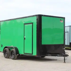 Bright green enclosed cargo trailer with black trim