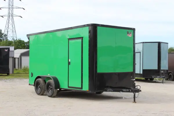 Bright green enclosed cargo trailer with black trim