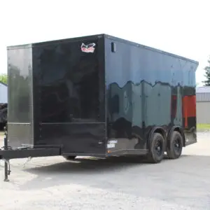 Black enclosed tandem axle cargo trailer