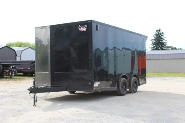 Black enclosed tandem axle cargo trailer