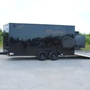 Black enclosed cargo trailer with rear ramp door