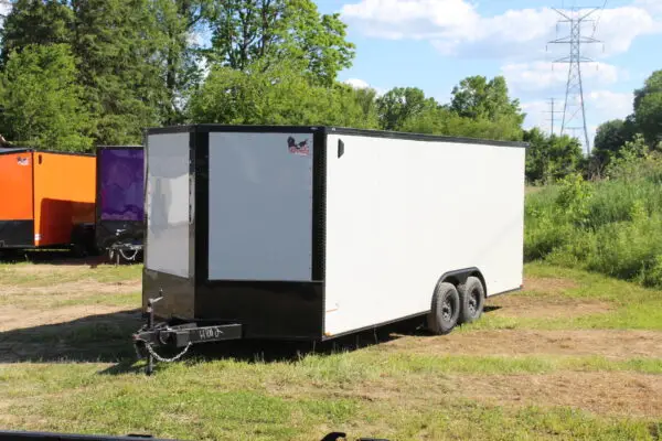 White enclosed cargo trailer on grassy lot